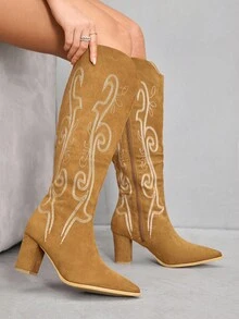 CUCCOO SZL Women's Pointed Toe Chunky Heel Suede Western Boots With Fringe, Slim Fit Tall Boots - Camel - View 1