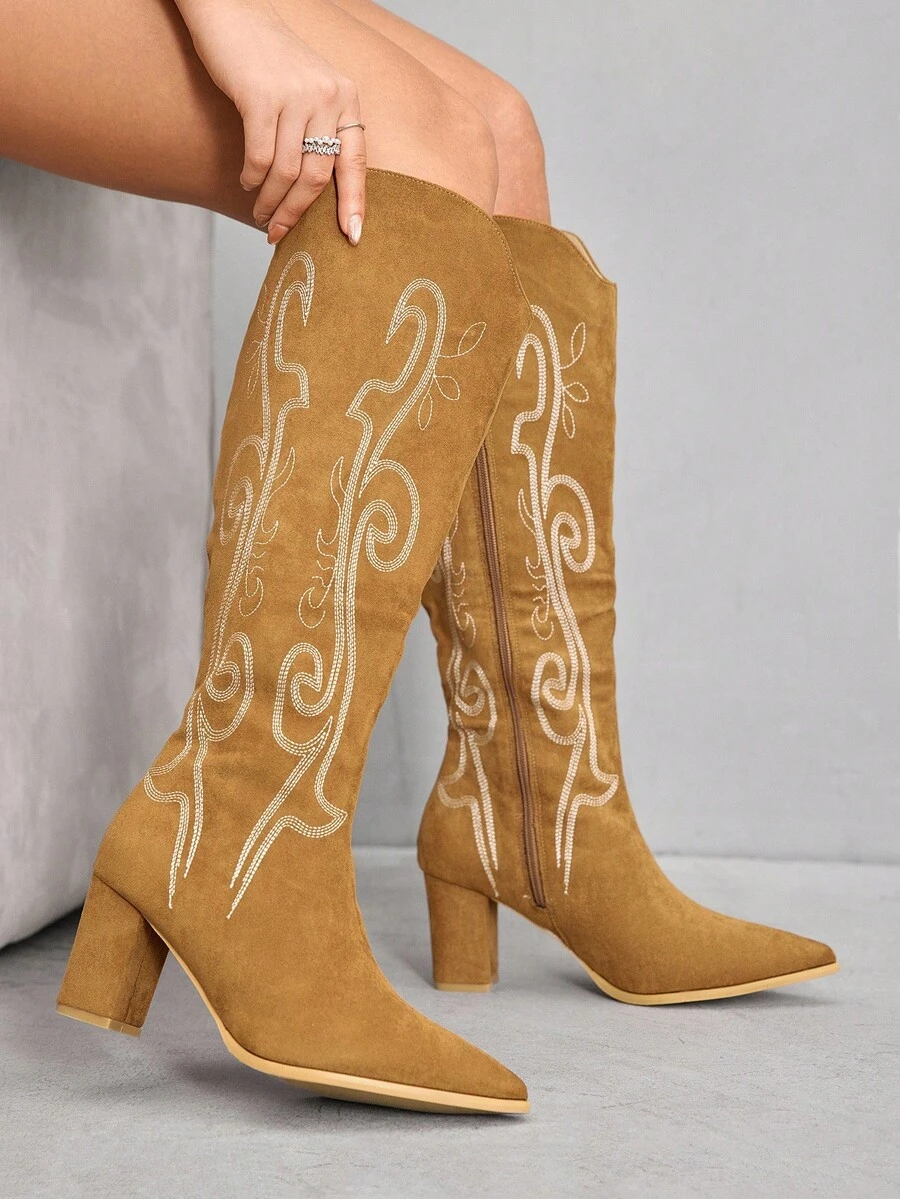 CUCCOO SZL Women's Pointed Toe Chunky Heel Suede Western Boots With Fringe, Slim Fit Tall Boots - Camel - View 1