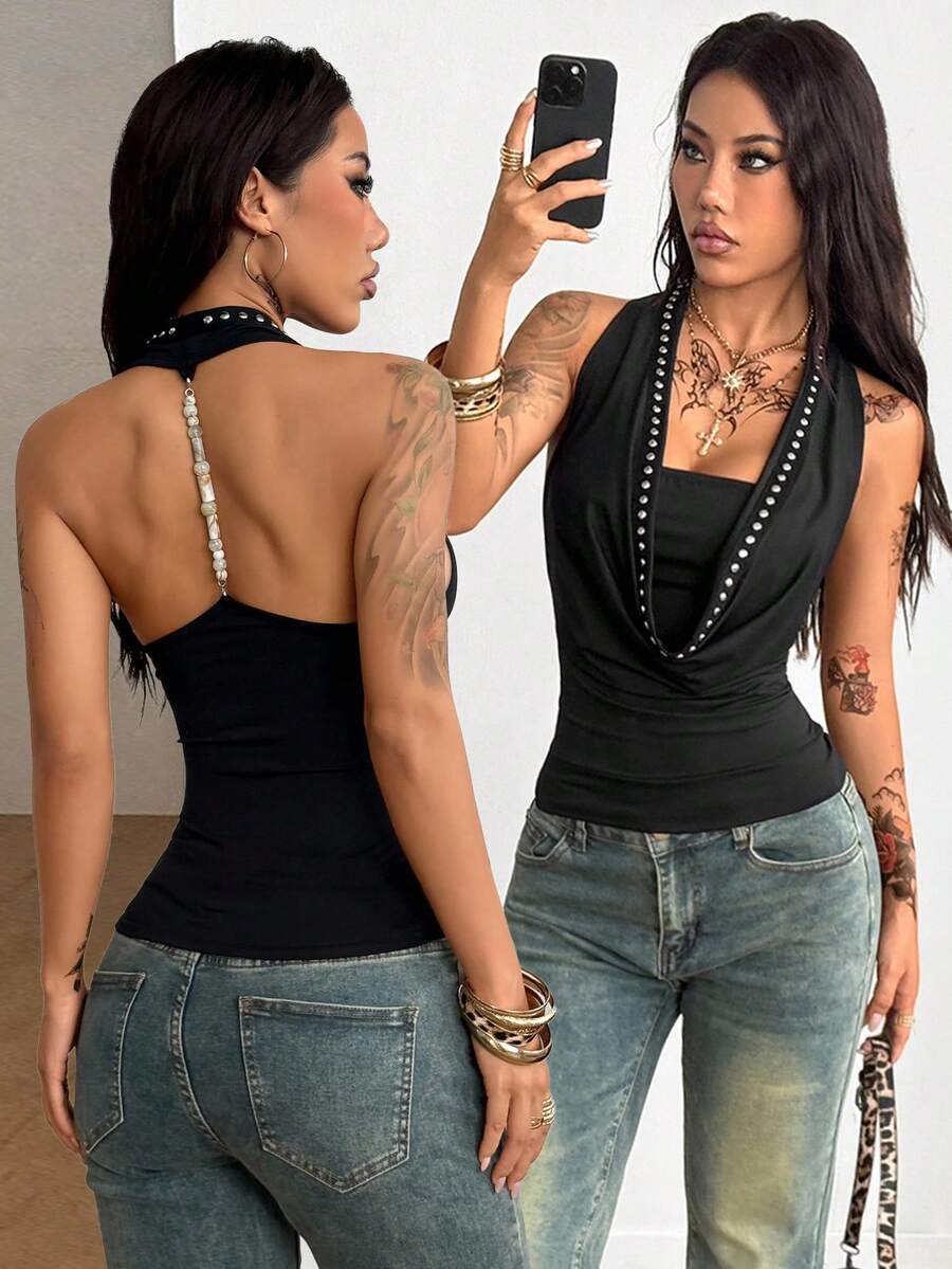 Coolane 女士秋冬街头服饰 外出复古时尚 文艺复兴西部牛仔装 Y2K 辣妹垂坠领修身露背串珠吊带上衣 - 黑色 - 查看 1