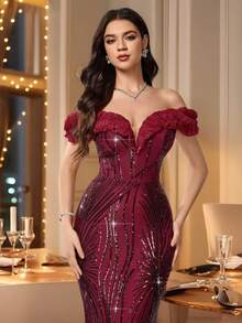 Coutiva 秋冬优雅亮片定位拼接性感单肩荷叶边下摆修身鱼尾裙正式晚礼服，适合派对穿着、婚礼嘉宾、毕业典礼 - 酒紅色 - 查看 4