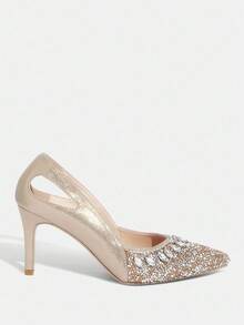 CUCCOO TILAWA Fashionable Sexy Pointed Toe Thin High Heel Hollow Out Rhinestone Glamorous Party Champagne Women's High Heel Pumps For Christmas - Champagne - View 9