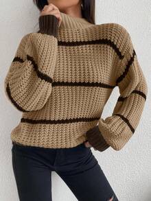 Celisse Casual Contrast Color Striped Drop Shoulder Sweater, Autumn/Winter - Brown - View 4