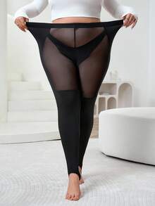 SHEIN CURVE+ Plus Size Women's Black Leggings, Black Mesh Patchwork Leggings For Casual Daily Wear, Minimalist & Fashionable - Black - View 3