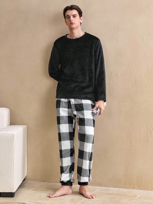 SHEIN EverLounge Ensemble homme 2 pièces : Top à manches longues col rond unicolore et pantalon long à carreaux, vêtements de détente pour l'automne et l'hiver, pyjama moelleux