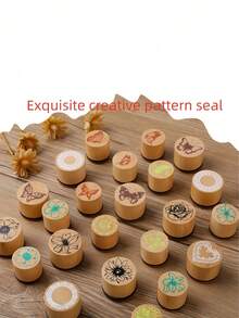 1 Box (8 Pieces) DIY Hand Account Creative Wooden Cylinder Seal Set, Petal Lace Butterfly Diary Album Stamp, Student Birthday Gift - Beige - View 8