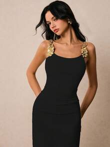 Poéselle 女式金属色 3D 花卉装饰肩带设计修身优雅连衣裙 - 黑色 - 查看 7