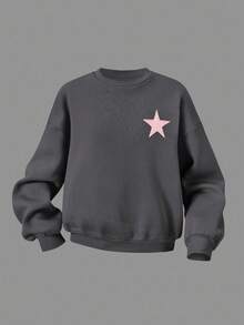 SHEIN Teen Girls Loose Fit Star Print Crew Neck Sweatshirt And Wide Leg Sweatpants 2 Piece Set, Casual Street Style, Suitable For Autumn/Winter Fall Girls Lounge Set Sweat Sets Tweens Comfy Sweatsuit Set Girls Sweatshirt Straight Pants Suit Tween Girl Tween Sweat Pants Set