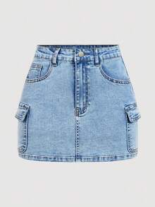 SHEIN Tall CURVE 大码女式带口袋纽扣休闲百搭通勤牛仔迷你裙 - 棕色 - 查看 1