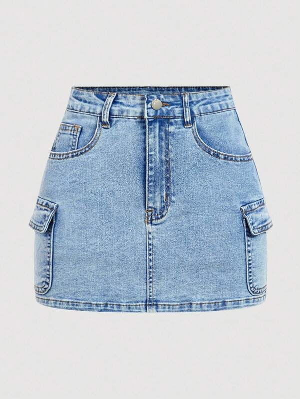 SHEIN MOD Plus Size Women's Cargo Pocket Casual Denim Mini Skirt Cargo Skirt Skirts With Pockets Jean Skirt Denim Skirt,Fall Clothes For Women