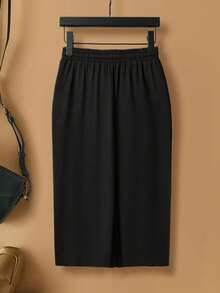 SHEIN Clasi 大码女式纯色黑色腰带针织紧身裙 - 黑色 - 查看 2