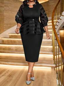 Fleurora 春夏优雅通勤办公室紫色针织圆领铅笔主教袖撞色领撞色网眼紧身连衣裙中长款短袖大码连衣裙优雅女装优雅服装夏季女装女装优雅夏装春装 - 黑色 - 查看 5