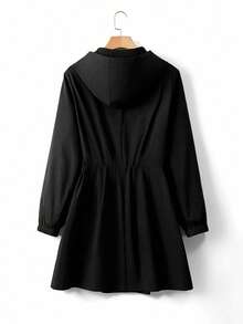 Linhara 大码女式收腰连帽风衣外套，韩版休闲优雅宽松高端夏季外套 - 黑色 - 查看 2