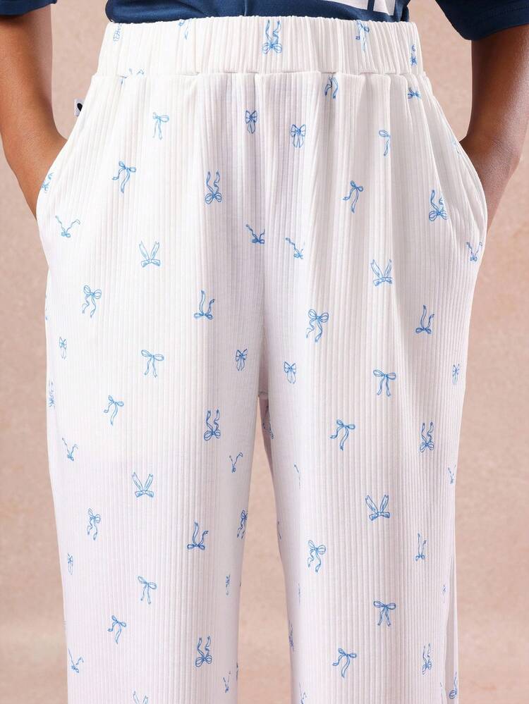 Navy Crop Top With I Love Sleep Text And Bow Print Pants