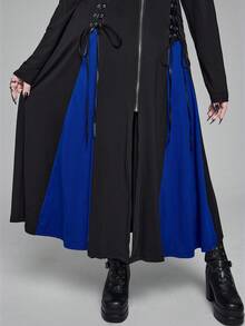 ROMWE EDITION Áo khoác trùm đầu dài vừa phải, chất liệu da PU, viền kép, phong cách Gothic, cỡ lớn, buộc dây, viền kẻ sọc, viền kép, kiểu dáng nữ tính - màu đen - Xem 4