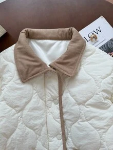 SHEIN Frenchy 女式休闲撞色饰边双口袋绗缝领夹克，秋冬 - 米色 - 查看 7