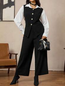 Zelara Elegant Button Decor Sleeveless Top & Elastic Waist Pants Set,Black And White Summer Plus Size Office Work Suits For Women,Professional Business Sets - Black - View 5