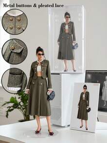 Franclia Damen Herbst/Winter elegantes romantisches Zweiteiler-Outfit mit rundem Ausschnitt, Metallknopf-Dekor, plissierter Rüsche, Patchwork, elastischem Bund und A-Linien-Rock für Universität und Herbst - Verschiedenfarbig - Übersicht 1