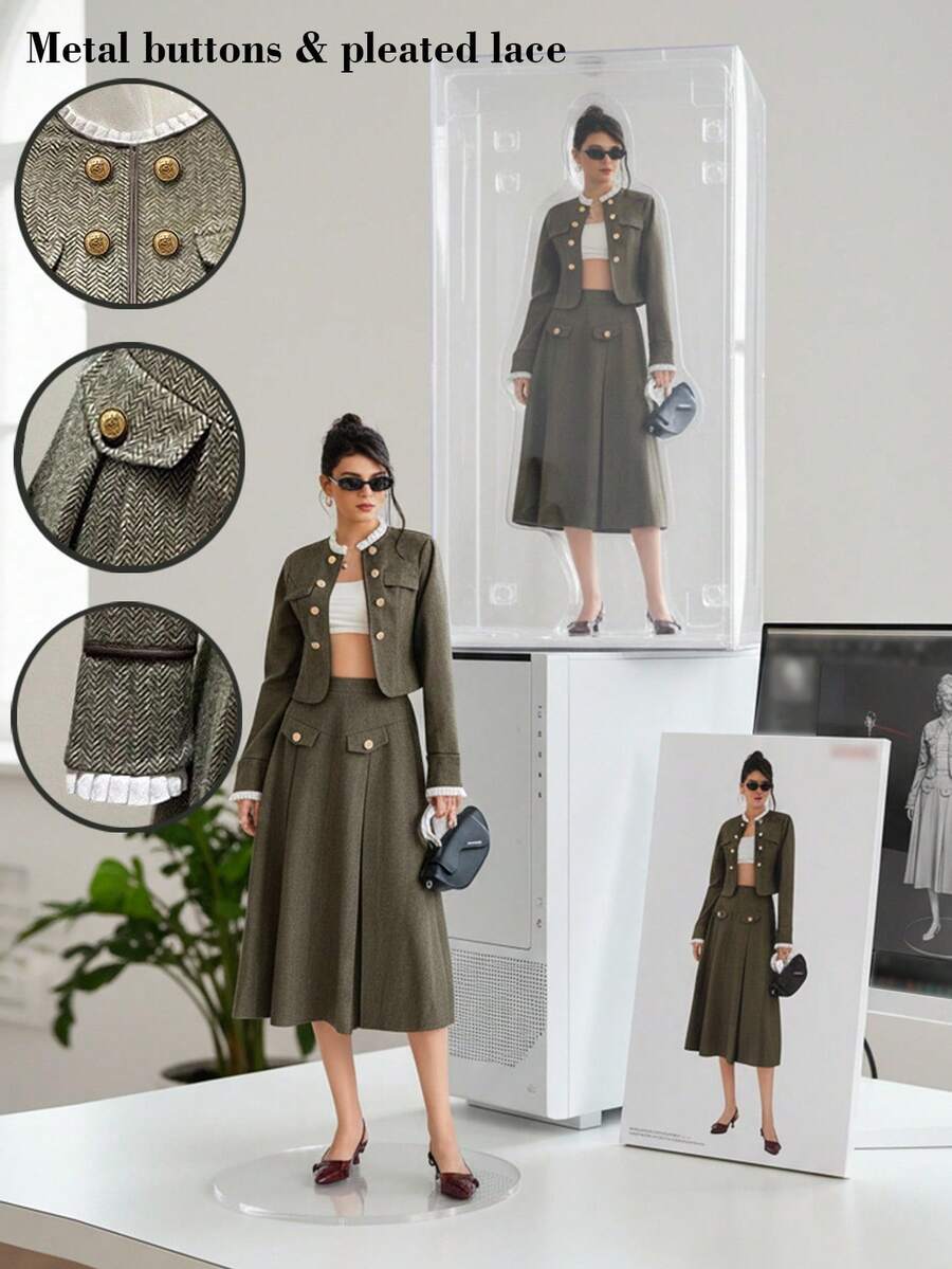 Franclia Damen Herbst/Winter elegantes romantisches Zweiteiler-Outfit mit rundem Ausschnitt, Metallknopf-Dekor, plissierter Rüsche, Patchwork, elastischem Bund und A-Linien-Rock für Universität und Herbst - Verschiedenfarbig - Übersicht 1