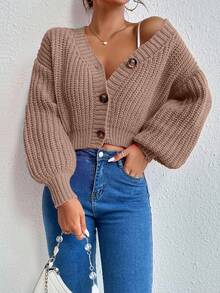 EMERY ROSE Cárdigan de punto casual de manga larga y hombros caídos de unicolor para mujer, otoño/invierno - Champán - Ver 6