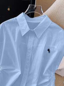 Airaco 大码女式夏季休闲通勤马刺绣蝙蝠袖袖口褶皱修身衬衫