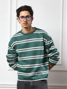 SUMWON Long Sleeve Forest Green Horizontal Striped Crew Neck T-Shirt Oversized Casual Autumn Streetwear Winter Knit Top Regular Fit - Green - View 5