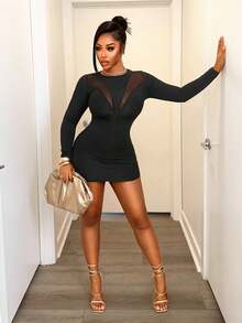 BamGleam Women's Mesh Patchwork Long Sleeve Sexy Dress - Black - View 6