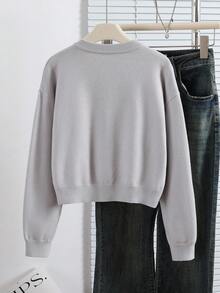 青少年女孩开衫优雅百搭新款秋冬针织长袖基本款休闲宽松柔软外套毛衣 - 灰色 - 查看 2