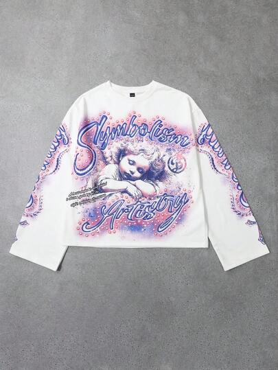 Street Life Men's Casual Fashion Street Angel & Slogan Print Loose Long Sleeve T-Shirt, Spring/Autumn