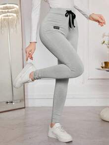 Modelyn Casual Simple Letter Printed Drawstring Waist Leggings Fall Cloth For Women - Grey - View 4