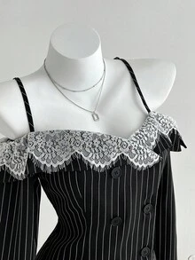 Elamini 1pc Black & White Striped Off Shoulder Splice Contrast Color Lash Lace Sexy Elegant Casual Long Sleeve Dress For Women, Autumn/Winter