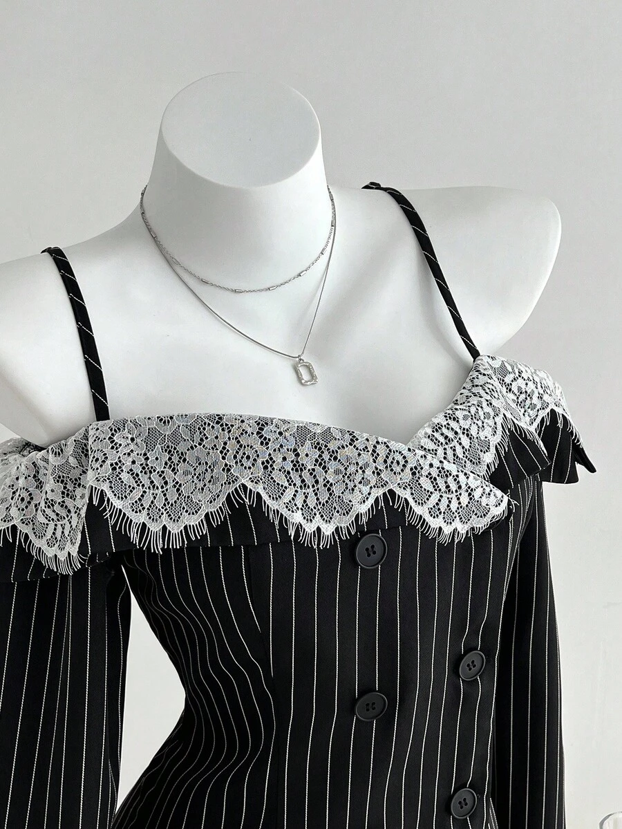 Elamini 1pc Black & White Striped Off Shoulder Splice Contrast Color Lash Lace Sexy Elegant Casual Long Sleeve Dress For Women, Autumn/Winter