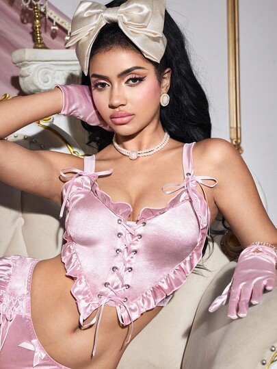 FairyFlirt Lencería estilo princesa con cordones en forma de corazón rosa