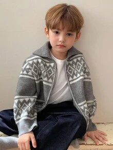 DAZY 男童休闲宽松提花针织毛衣，日式秋季风格 - 灰色 - 查看 1