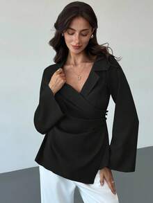 Aloruh Women's Solid Color Wrap Flare Sleeve Blouse, Suitable For Commuting,Black Tops - Black - View 5
