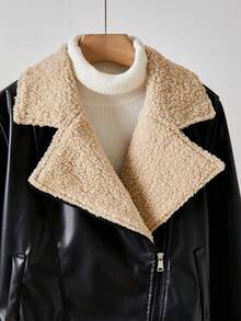 少女休闲百搭仿皮夹克，羊羔绒领口和袖口，下摆银色按扣，适合秋冬外出，可搭配长袖上衣、裤子、运动裤 - 黑色 - 查看 10