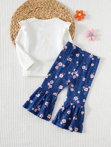 Cozy Pixies 2pcs Baby Girl Floral Print Knit Soft Round Neck Long Sleeve Pullover Top And Elastic Waist Pants Set Fall Winter - Multicolor - View 2