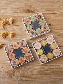 1 Box (8 Pieces) DIY Hand Account Creative Wooden Cylinder Seal Set, Petal Lace Butterfly Diary Album Stamp, Student Birthday Gift - Beige - View 5