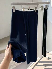 Franclia Quần ống rộng ống đứng lưng cao có dây rút mới dành cho nữ, quần dệt kim dày lót nhiệt - Màu xanh hải quân - Xem 4