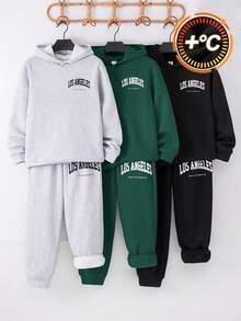 SHEIN 6 件儿童/青少年男童休闲字母图案连帽运动衫和宽松针织裤 2 件套，3 种颜色（红色、黑色、灰色），适合通勤、上学、日常休闲、旅行、运动、所有季节 - 墨綠色 - 查看 3