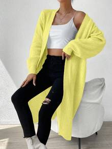 SHEIN LUNE 女式浅黄色V领罗纹灯笼袖羊毛混纺开衫 - 淡黃色 - 查看 3