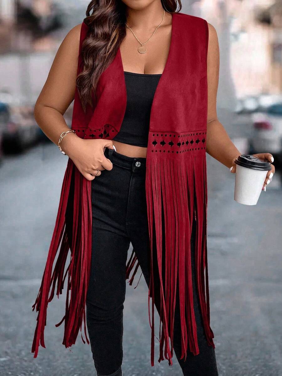 EMERY ROSE Plus Size Women Western Style Hollow Out Fringed Hem Open Front Sleeveless Long Coat For Spring/Summer, Winter Fall Autumn - Burgundy - View 1