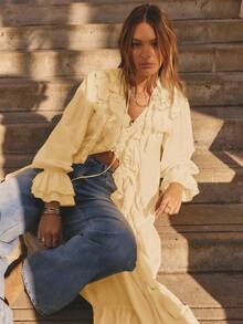 Aralina 冬季长袖荷叶边前开襟长款波西米亚风开衫连衣裙 - 鵝黃色 - 查看 4