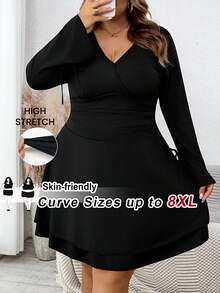 SHEIN CURVE+ Vestido casual negro de manga larga con cuello en V para mujer de talla grande, vestido de graduación - Negro - Ver 3
