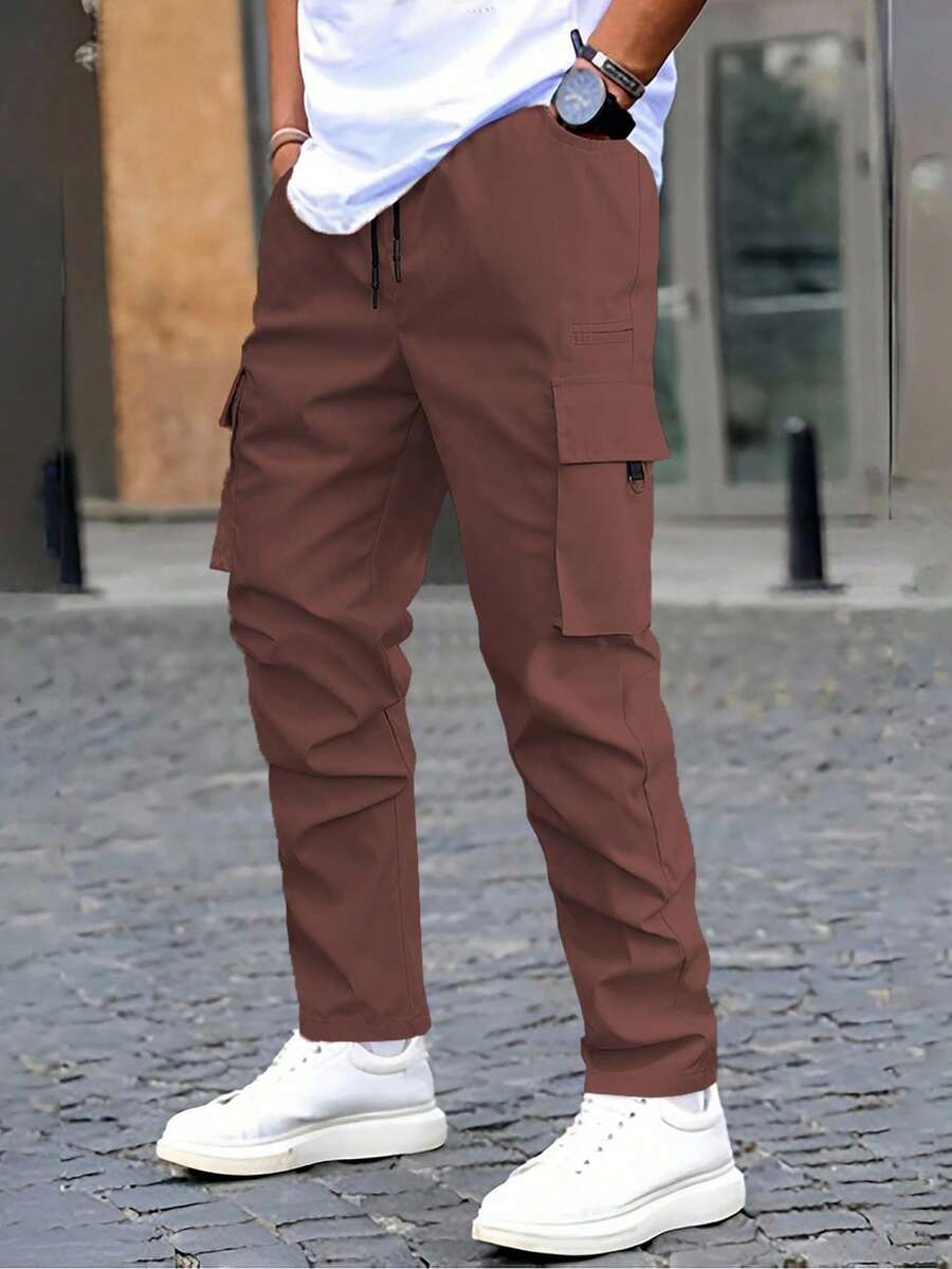 Manfinity Homme Quần Cargo màu nâu xếp ly cạp rút dây trơn cho nam, phong cách đường phố, mùa thu - Màu Đỏ Sâu - Xem 1