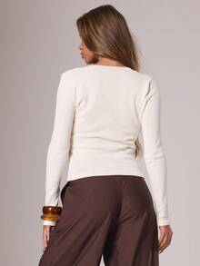 MUSERA 罗纹针织交叉前襟细节长袖收腰上衣，适合各种场合，蓬松保暖，适合外出、夜间、冬季、约会、舒适休闲、优雅晚宴。 - 米色 - 查看 4