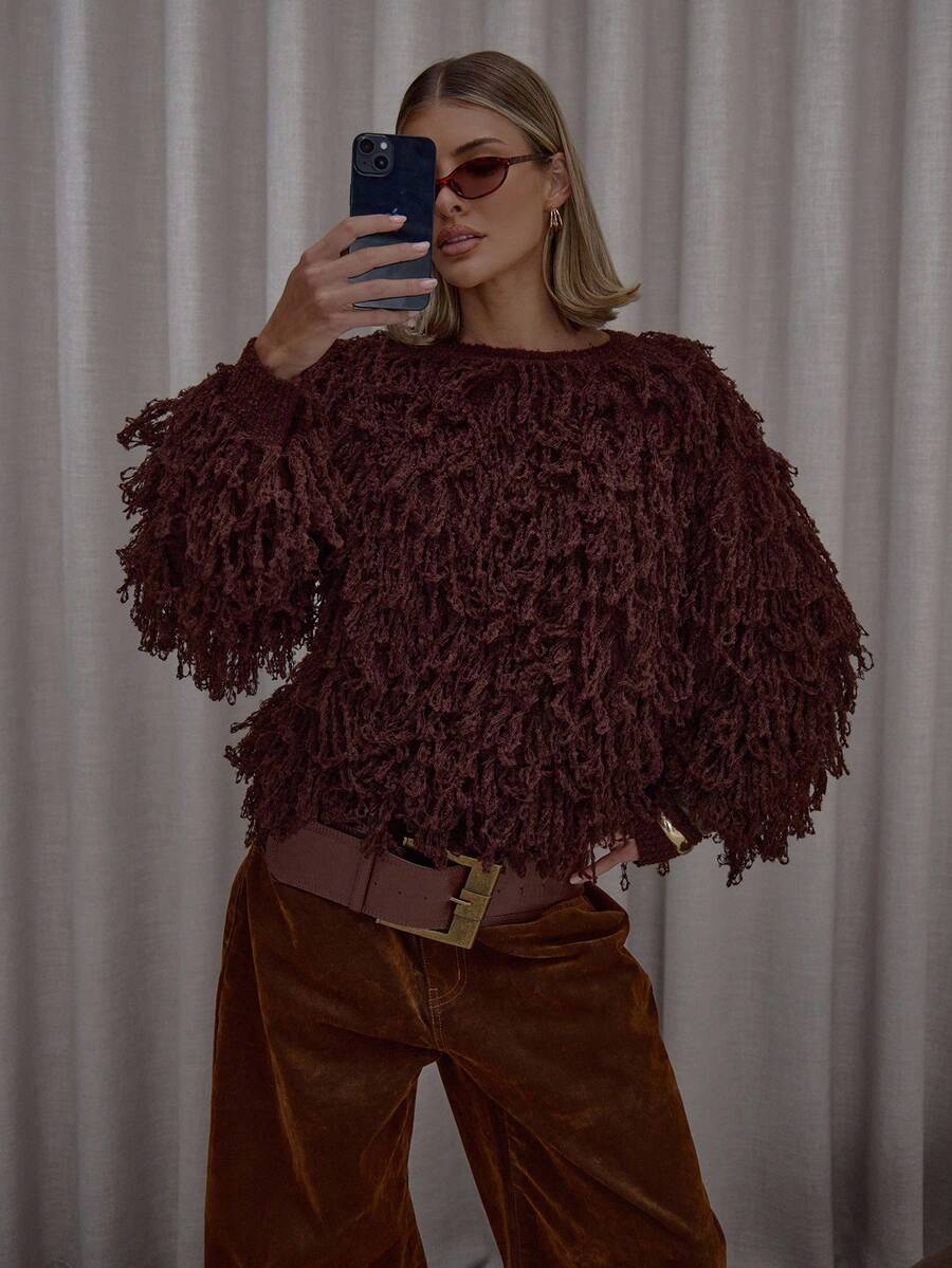 MUSERA Shaggy Fringe Knit Crew Neck Sweater Streetwear Cute Classy Casual Sexy Going Out Fall Autumn Toffee Evening Party Elegant   Spring