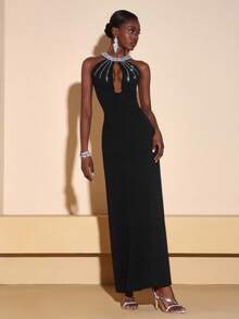 Zivah 秋冬新款优雅派对奢华高贵日常约会生日派对性感高端派对夜店风婚礼季宾客礼服音乐节狂欢季婚礼宾客礼服新娘礼服圆领钻链装饰丝带胸前镂空包臀连衣裙H型裙超长连衣裙晚礼服黑色钻链装饰长裙女士长裙-A - 黑色 - 查看 5