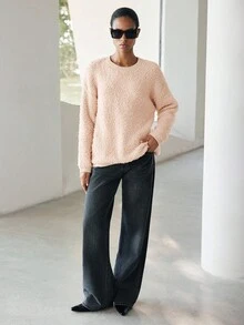 SHEIN LUNE 女士纯色圆领落肩长袖休闲宽松毛衣，秋冬 - 杏色 - 查看 3