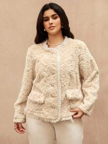 Roveilla Chaqueta de mujer de talla grande con cuello de piel de conejo sintética, perlas falsas y botón de perla de abotonadura sencilla - Albaricoque - Ver 4