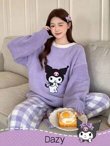 HELLO KITTY AND FRIENDS | SHEIN 女士冬季半羊毛针织卡通刺绣上衣和格子提花裤宽松睡衣套装，秋装 - 紫色 - 查看 6